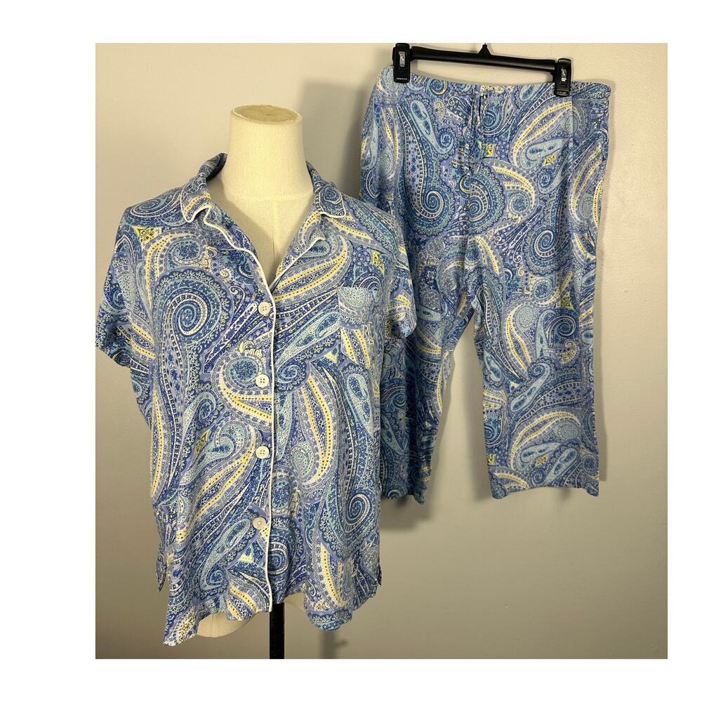 Lauren Ralph Lauren Pajamas Set Blue Yellow Paisley Short Sleeve Capri Pants